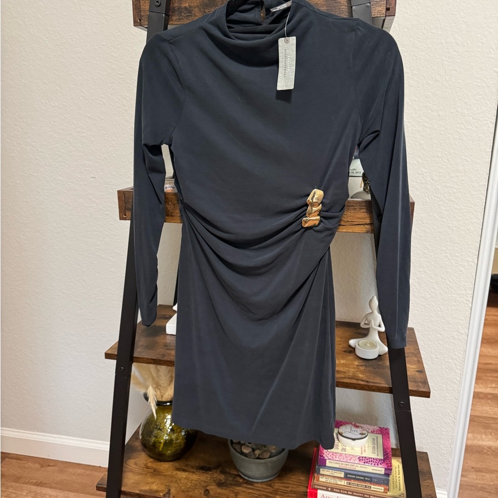Anthropologie Ruched Mini Dress Petite XXS Black Charcoal Gold Detail NWT
